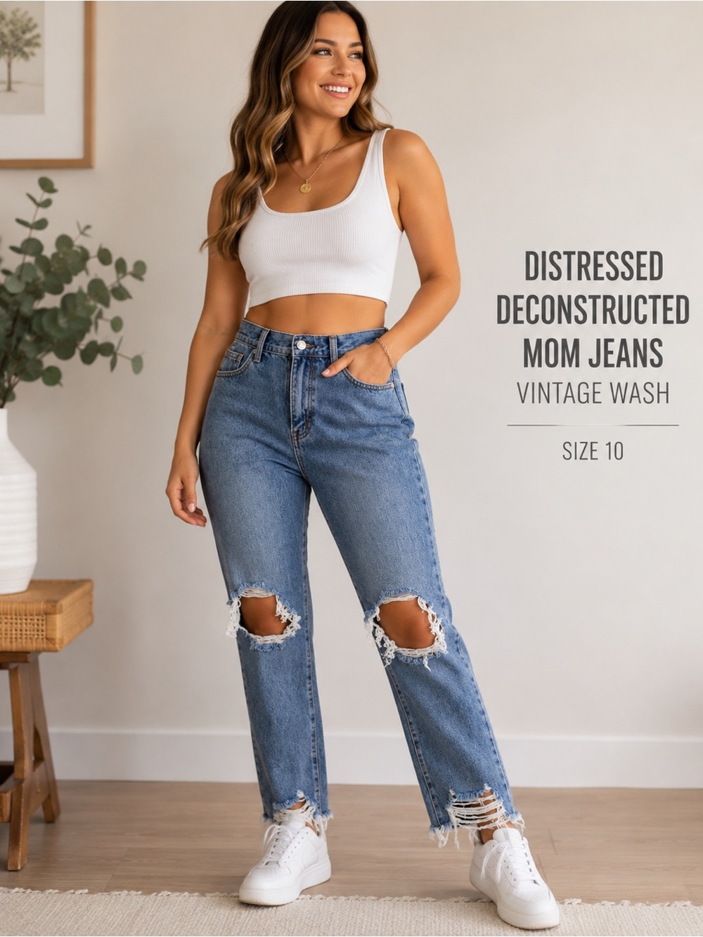 DISTRESSED DECONSTRUCTED MOM JEANS VINTAGE WASH SIZE 10 NWT